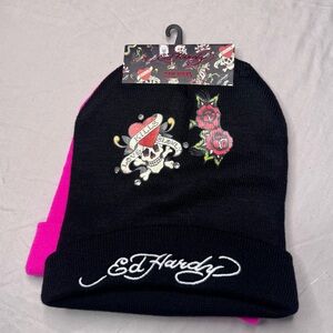 Y2K- Ed Hardy Black and Pink Skull Beanie Set